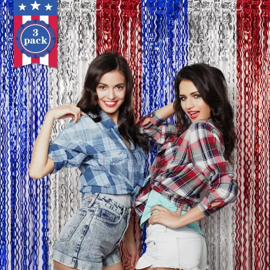 4th of July Decorations,Red White and Blue 3 Pack Wave Tinsel Foil Fringe Curtains,Independence Day Photo Booth Prop Streamer Backdrop for America Patriotic Party,Memorial Day,Labor Day {2}