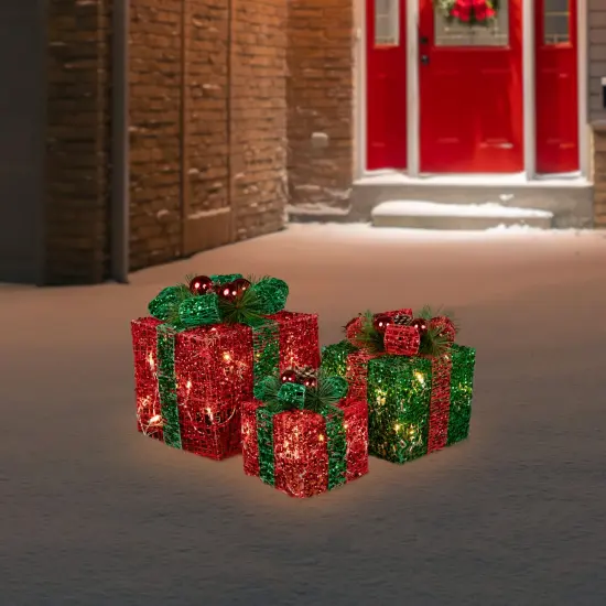 Northlight LED Lighted Glitter Threaded Gift Boxes Outdoor Christmas Decoration - Set of 3 Red {1}