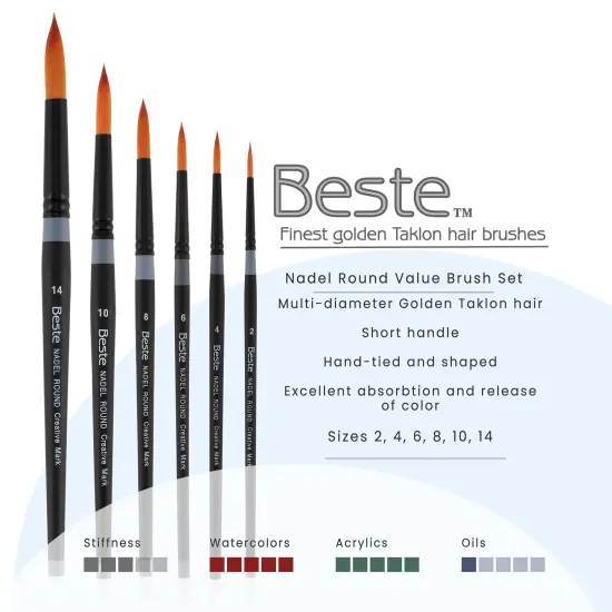 Creative Mark Beste Golden Taklon Nadel Round Set of 6 Artist Brush, Professional Watercolor Brushes, For Acrylic Painting, Short Handle, Sharp Edges, Hand-Tied & Shaped {3}