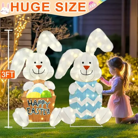 2 Pcs Rabbit Outdoor Easter Decorations, Lighted Bunny with 120 Lights, 2D Easter Rabbit Lights Easter Decor for Indoor Outdoor Festive Holiday Fireplace Garden Yard Lawn Patio {2}