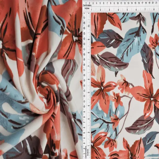 DTY Brushed Big Floral Knit Fabric, Soft Stretch Flower Print 58/60" Wide CREAM/RUST {6}