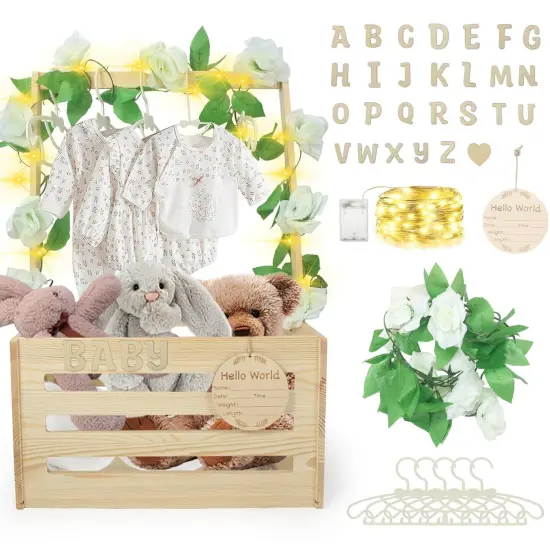 Wooden Baby Shower Crate Closet, Personalized DIY Storage Crate Hamper Set with Baby Announcement Sign, Hangers, Letter Lights Garland {1}