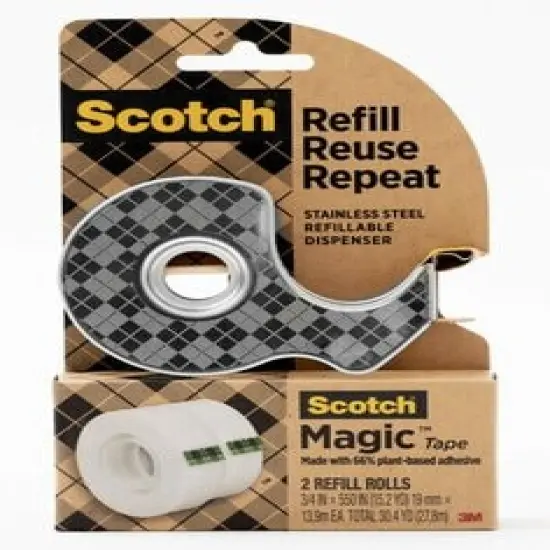 Scotch&reg; Stainless Steel Dispenser Starter Pack with Magic&trade; 66% Plant-Based Adhesive Tape 123R, 0.75 in x 550 in (19mmx13.9mm) {1}