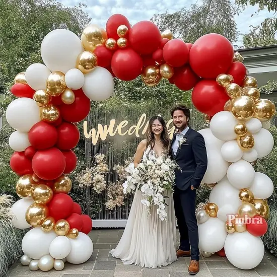Red White Gold Balloon Arch Double Stuffed Ruby Red White Metallic Gold Balloon Garland Kit {4}