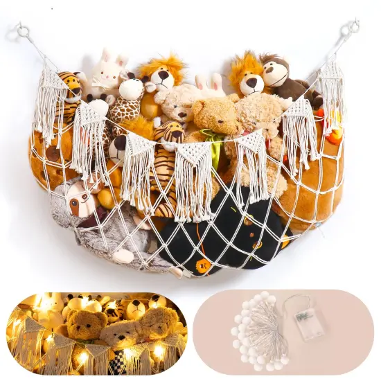 Stuffed Animal Storage Hammock with Lights- Boho Wall Hanging Plushie Net for Stuff Aanimal Organizer and Teddy Bear Storage, Small Toy Hammock for Kids Bedrooms Playroom Nursery(White Small) {2}