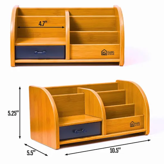 Desktop Organizer with Double-Slot Cell Phone Holder, Wooden Multifunctional Desk Storage Box with Drawer for Work from Home Office Supplies, Students, Desk Accessories, Phone Stand, Charging Station {2}