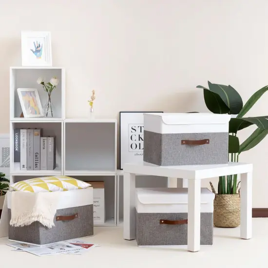 Collapsible Storage Bin, Cube Organizer Basket, Fabric Box with Lids, Washable and Leather Handle, for Home, Closet, White/Grey, 13.0''Lx9.0''Wx7.9''H, 1-Pack, SNK024WGS-1 {6}
