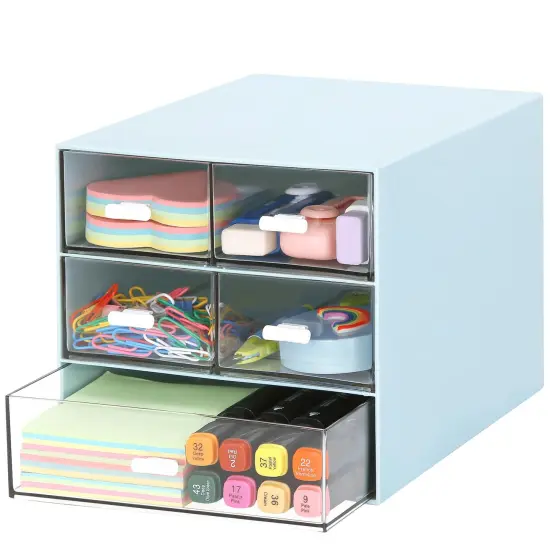 Desk Organizer with 5 Drawers, Rectangular Office Stationery Supplies Desktop Drawers, Plastic Makeup Storage, Suitable for Office, School, Home (Blue & 5 Drawers) {2}