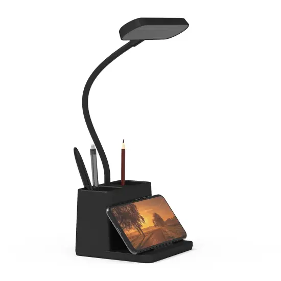 Black LED Desk Lamp for Home Office Bedroom, Battery Operated Table Light for Computer Desktop, Small, Cute, Dimmable, Rechargeable, Flexible Gooseneck, Pen Holder, Phone Mount, Touch Control {3}