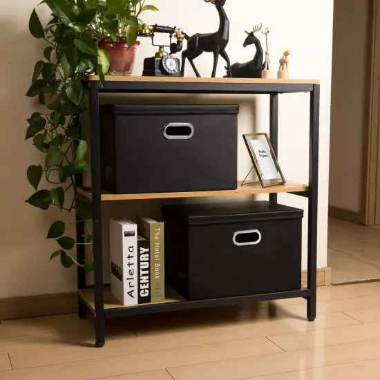 Large Collapsible Storage Bin with Lid [1-Pack] Leather Fabric Foldable Storage Box Organizer Containes Basket Cube with Cover for Home Bedroom Closet Office Nursery Black (17.7x11.8x11.8) {6}