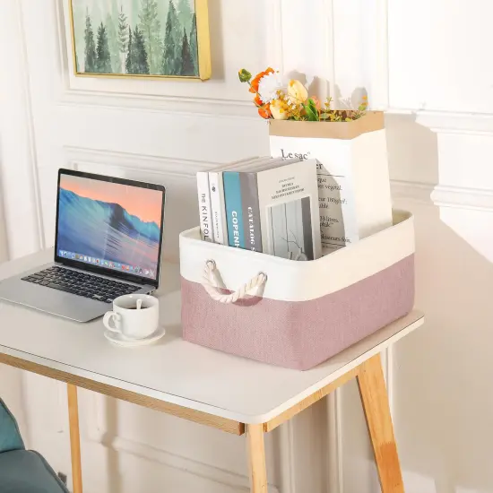 LordCom Storage Bins with Sturdy Cotton Handles(1 Pack), Fabric Storage Baskets for Organizing use for Office & Home, Book, Clothes, Toys, Closet Boxes (Small, Pink-White, 12.2x8.3x6.3 inches) {4}