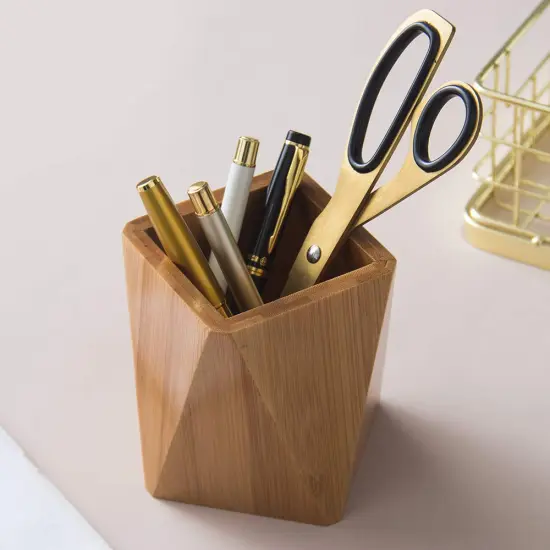 Bamboo Wood Pen Holder Stand for Desk Geometric Pencil Cup Pot Cute Desktop Office Supplies, Makeup Brushes Organizer (Bamboo) {5}
