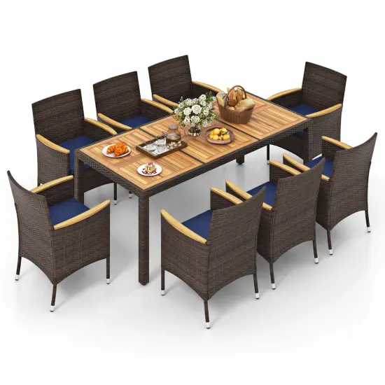 Costway 9PCS Outdoor Dining Set with Acacia Wood Table Top Patio Dining Set for 8 People Navy/Beige {2}