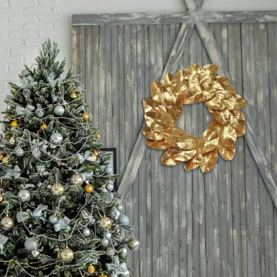 Gold Magnolia Leaf Christmas Wreath with Glitter Accents, 24" Holiday Door Decor, Indoor/Outdoor - 2024 Christmas Collection, Floral Home by Artificial Flowers {4}