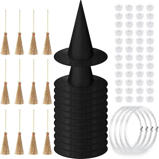 24 PCS Halloween Decorations &ndash; 12 Mini Witch Hats & 12 Mini Brooms with Rope and Hooks {2}