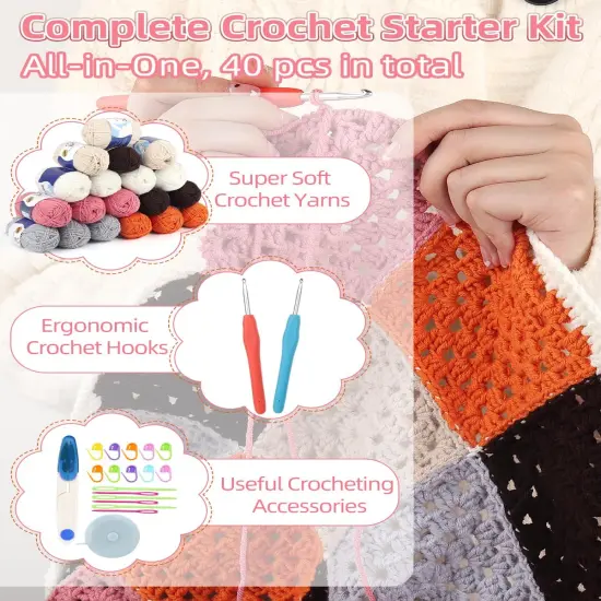 Granny Squares Crochet Blanket Kit for Beginners Easy Crochet Starter Kit with Enough Yarn Detailed Instruction {5}
