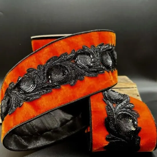 4" Velvet Black Floral Sequin Ribbon: Orange (5 Yards) {3}