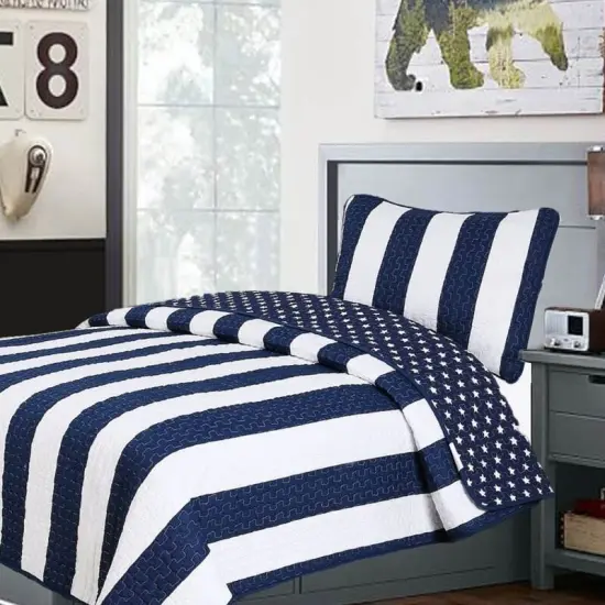 Soft Machine Washable Navy White Quilt Set Cotton Fabric Reversible Stars and Stripes Pattern {2}