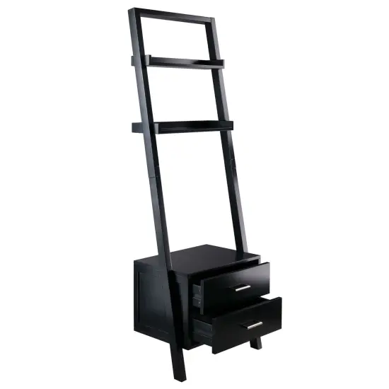 Modern Black Leaning Ladder Bookshelf with 2 Drawers and 2 Shelves for Entryway or Living Room {3}