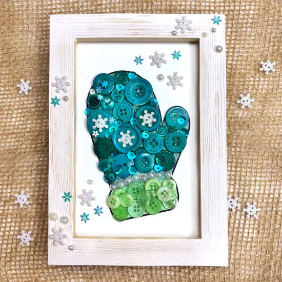 Buttons Galore & More DIY Button Art Frame Kit, Winter Mitten Design with Snowflakes, Wood Frame, Turquoise and Green Buttons, Wall Decor Craft Set, Ages 6+ {1}