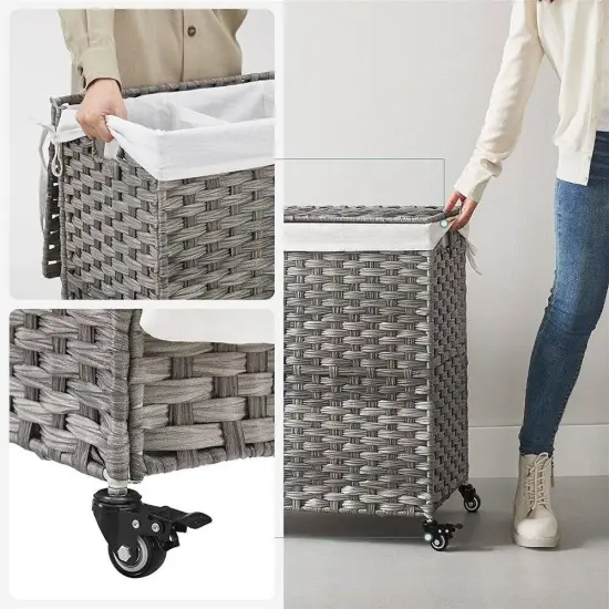 Plastic Laundry Basket Cart with Metal Frame and 3 Removable Bags Grey {3}