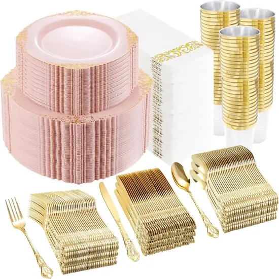 700PCS Pink and Gold Plastic Dinnerware Set &ndash; Disposable Plates, Silverware, Cups & Napkins for Wedding, Party & Events {1}