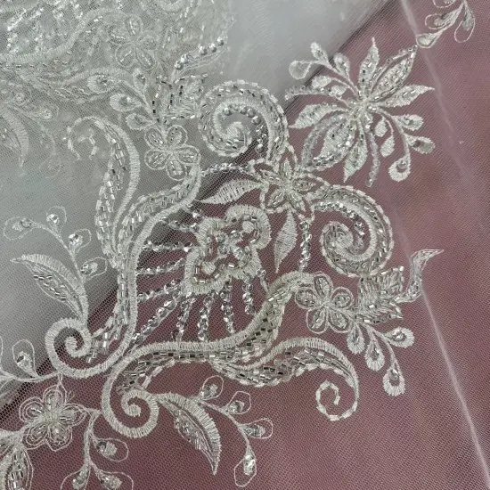 1 Yard Beaded Lace Fabric Embroidered on 100% Polyester Net Mesh, 53" Width, Premium Embroidery Lace Material White {6}