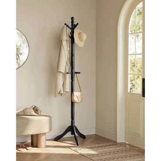Adjustable Height Solid Wood Coat Rack Stand with 10 Hooks for Entryway Living Room and Office Black {8}