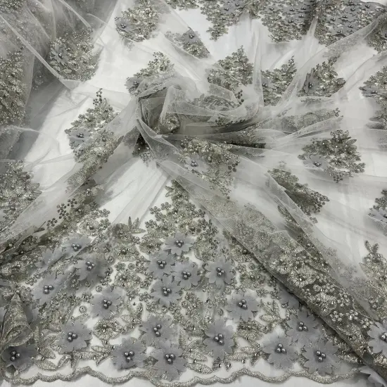 1 Yard Beaded 3D Floral Lace Fabric Embroidered on 100% Polyester Net Mesh 52" Width Gold {4}