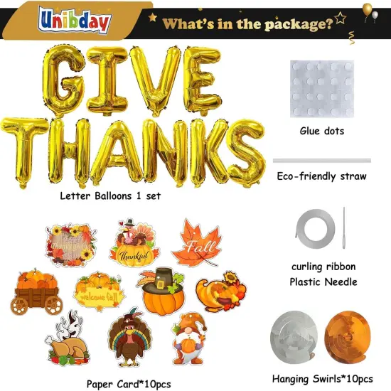 16 Inches Thanksgiving Foil Balloons and Banner - Give Thanks (Gold) {4}