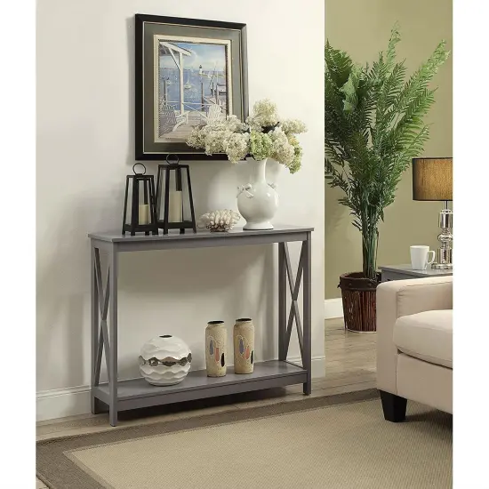 Modern Wood Entryway Sofa Console Table with Bottom Shelf for Living Room and Hallway Grey {2}