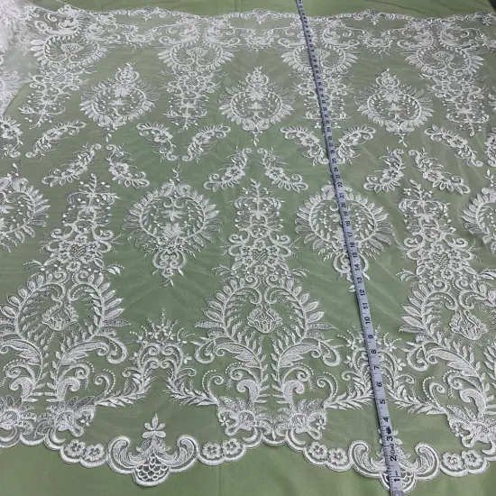1 Yard Gold Beaded & Corded Bridal Lace Fabric, Embroidered on 100% Polyester Mesh, 52&rdquo; Width Ivory {1}