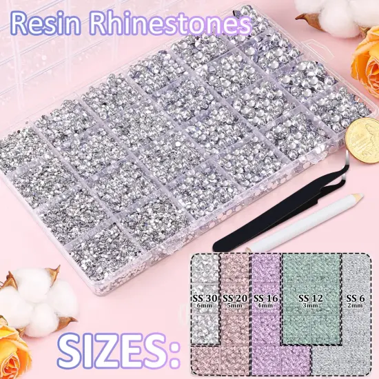 30000Pcs Flatback Resin Rhinestones with Tweezers and 3Pcs 10ml B7000 Glue - Silver Clear {2}
