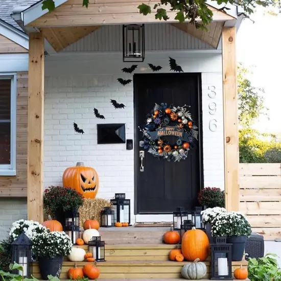 Halloween Glitter Pumpkin Wreath with Balls & Berries, Black Roses {3}
