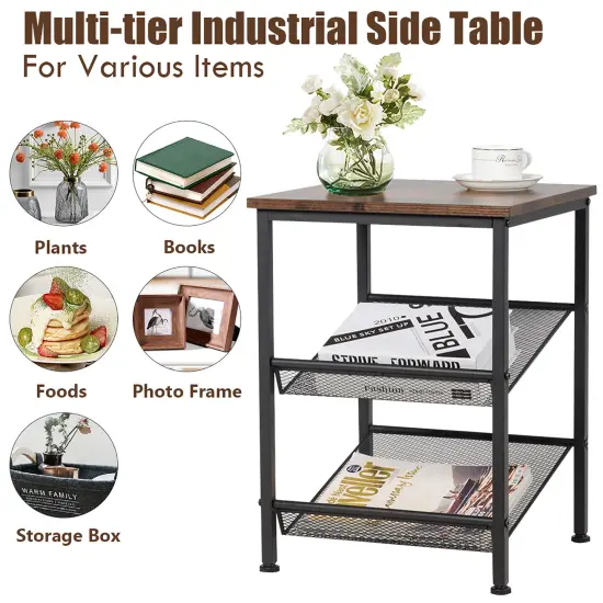Costway Set of 2 3-Tier Industrial End Side Table Nightstand W/2 Adjustable Shelves {6}