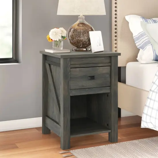 Farmhouse Bedroom Nightstand with Drawer and Open Shelf Rustic Grey {3}