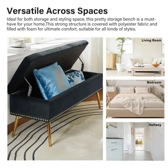 Upholstered Velvet Storage Bench with Tufted Seat and Gold Metal Legs Black {5}