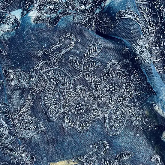 1 Yard Beaded and Corded Bridal Lace Fabric Embroidered on Soft Polyester Net Mesh 50" Width Black {4}