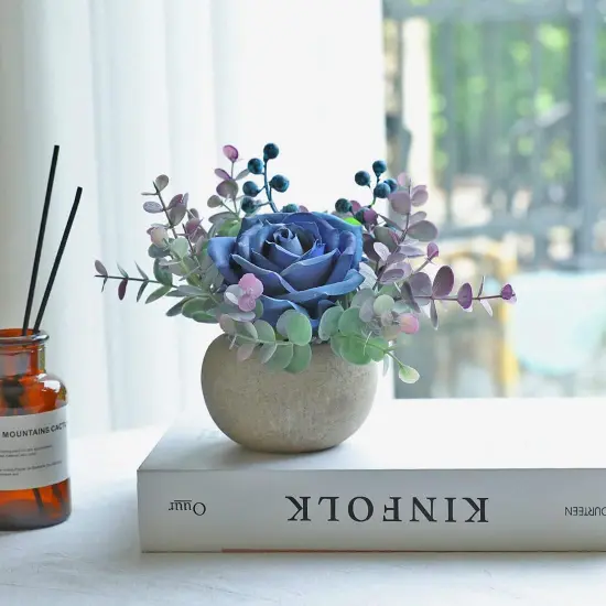 Artificial Flowers Kit with Pot, Combination of Fake Silk Blue Roses and Greenery,Small Plant Potted Decor for Offices,Bookshelf,Bedroom, Living Room,Party,Wedding Decorations&hellip; {5}