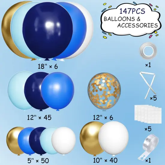 Navy Blue White Gold Balloon Garland Arch Kit, 147PCS Royal Dark Pastel Blue White Gold Balloons with Confetti for Birthday Party Baby Shower Wedding Graduation Decorations {2}