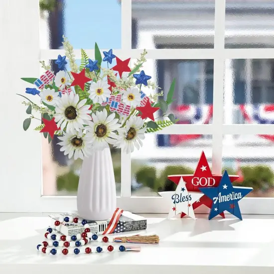 6pcs Silk Wildflower Picks for 4th of July Decorations Artificial Daisy Flowers with Blue & Red Stars Patriotic Decorations {3}