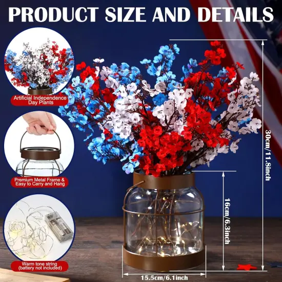 1 Set 4th of July Artificial Flowers with Glass Vase Patriotic Red Blue White Baby Breath Decoration Rustic Clear Lights Vase for Independence Day Floral Arrangement Table Centerpieces Gifts {3}