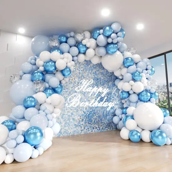Blue Balloon Arch Kit, 124Pcs Metallic Blue White and Silver Confetti Balloons Different Size Balloons for Baby Shower Bridal Shower Birthday Wedding Bachelorette Anniversary Party Decorations {1}