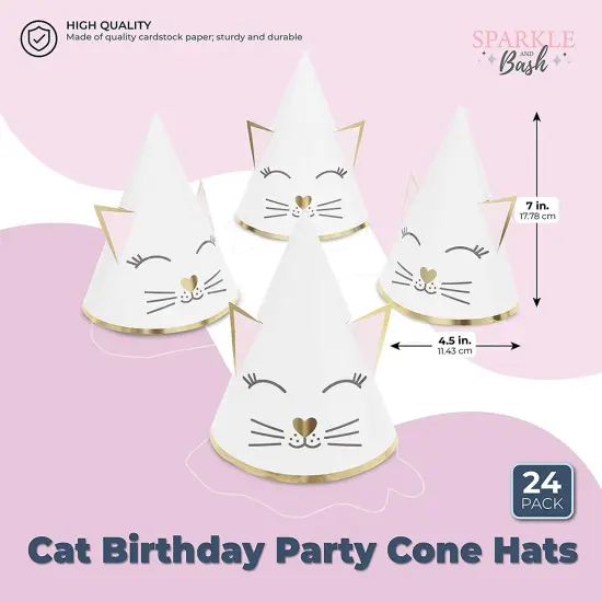 Cat Birthday Party Cone Hats (White, Pink, 24 Pack), Ages 3-14 {2}