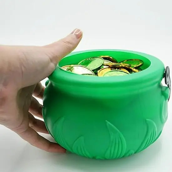 5" St Patrick&rsquo;s Day Pot of Gold with 100 Lucky Coins - Green Pot of Gold Cauldron Plastic Bucket for Leprechaun Decorations, Green & Gold Coins Plastic Bulk by 4E's Novelty {3}