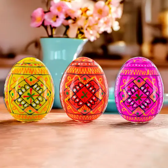 Set of 3 Yellow, Pink, Orange Geometric Ukrainian Pysanky Wooden Easter Eggs 2.5 Inches {3}
