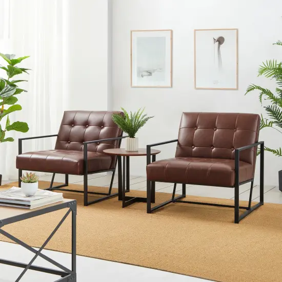 30.5"H Mid-Century Modern Leatherette Button-tufted Accent Arm Chair with Black Metal Frame Brown {2}