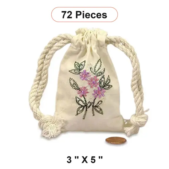 Compact Botanical Embroidered Cotton Muslin Pouch 3" x 5" {1}