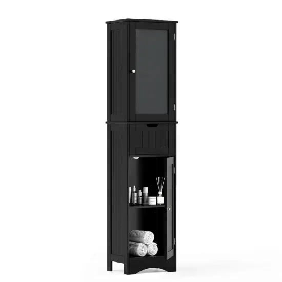 Costway Bathroom Tall Cabinet Freestanding Linen Tower with Doors & Drawer Black/Grey/White {1}