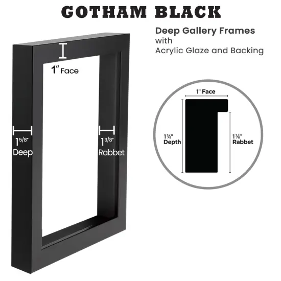 Gotham Deep Complete Picture Frames - Black - 11x14" - 1-5/8" Deep Frame Break Resistant Acrylic Glazing - Professional Quality Frames for Heavy Duty Canvases or Prints -Made in the USA {3}